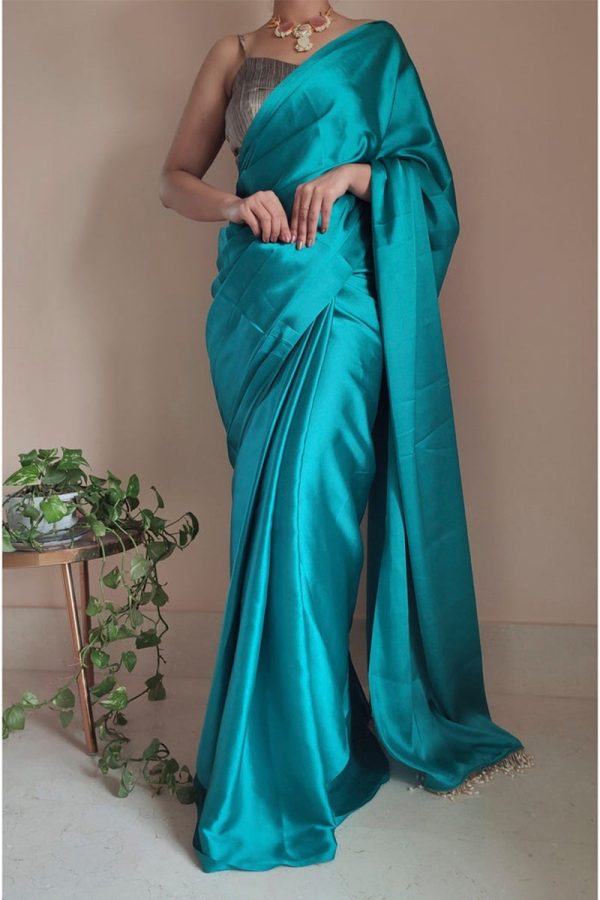 Sophisticated 1-Minute Ready To Wear Sea Green Satin Silk Saree