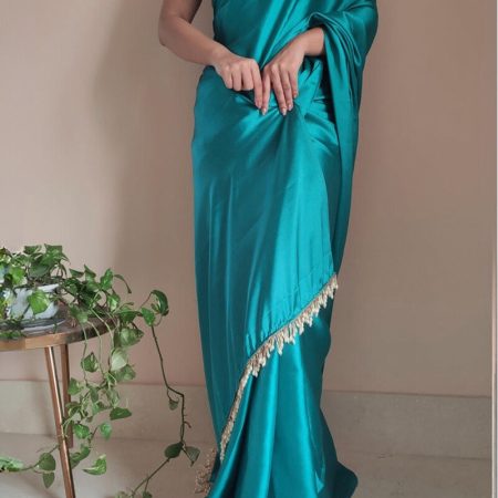 Sophisticated 1-Minute Ready To Wear Sea Green Satin Silk Saree