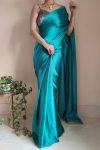 Sophisticated 1-Minute Ready To Wear Sea Green Satin Silk Saree