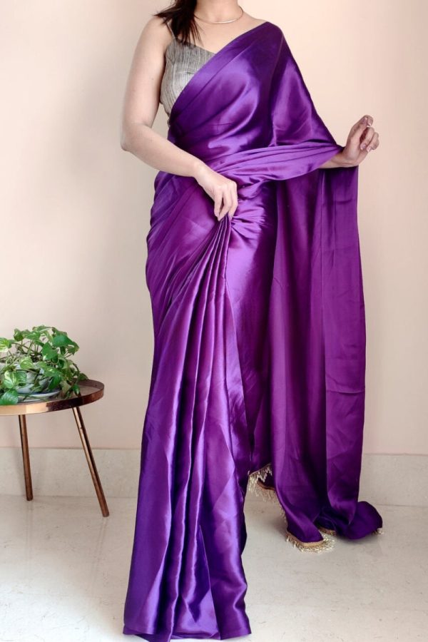 Petrichor 1-Minute Ready To Wear Violet Satin Silk Saree