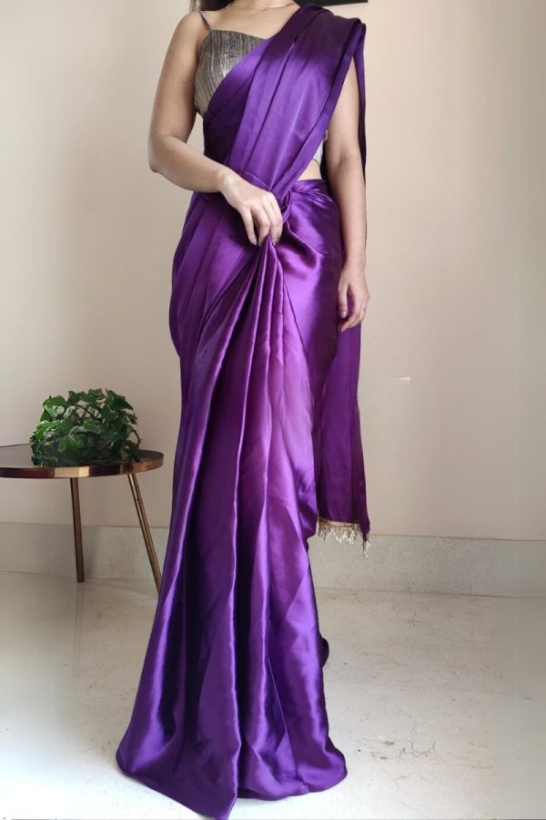 Petrichor 1-Minute Ready To Wear Violet Satin Silk Saree