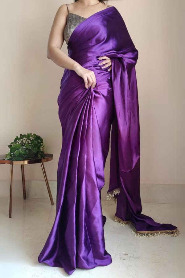 Petrichor 1-Minute Ready To Wear Violet Satin Silk Saree