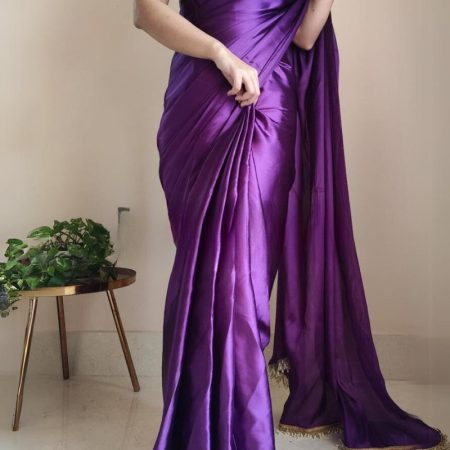 Petrichor 1-Minute Ready To Wear Violet Satin Silk Saree