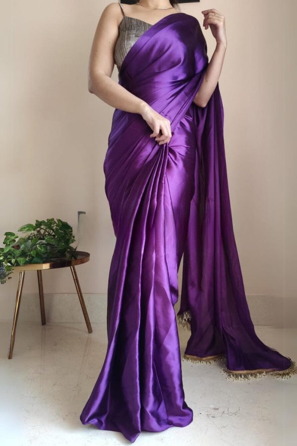 Petrichor 1-Minute Ready To Wear Violet Satin Silk Saree