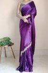 Petrichor 1-Minute Ready To Wear Violet Satin Silk Saree