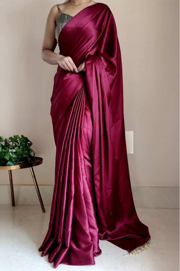 Embrocation 1-Minute Ready To Wear Wine Satin Silk Saree