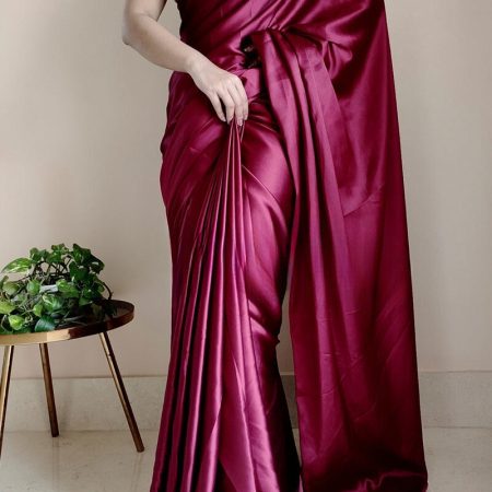 Embrocation 1-Minute Ready To Wear Wine Satin Silk Saree