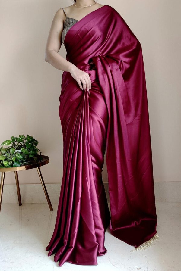 Embrocation 1-Minute Ready To Wear Wine Satin Silk Saree