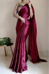 Embrocation 1-Minute Ready To Wear Wine Satin Silk Saree