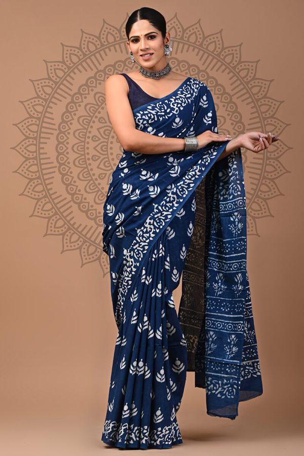 Ethnic 1 Minute Ready To Wear Blue Mul Cotton Digital Printed Saree With Pocket