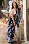 Opulent 1 Minute Ready To Wear Black Mul Cotton Digital Printed Saree With Pocket