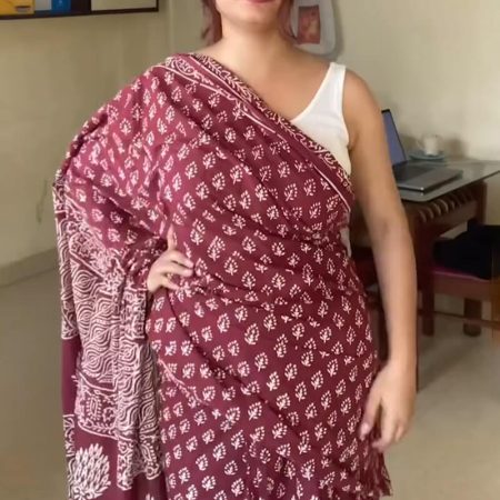 Flamboyant 1 Minute Ready To Wear Wine Mul Cotton Digital Printed Saree With Pocket