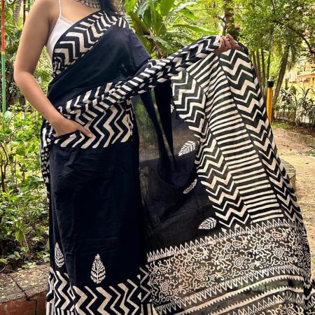 Glorious 1 Minute Ready To Wear Black Mul Cotton Digital Printed Saree With Pocket