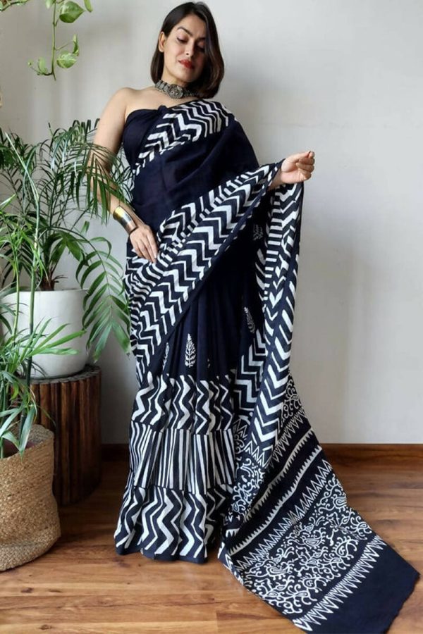 Glorious 1 Minute Ready To Wear Black Mul Cotton Digital Printed Saree With Pocket