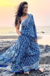 Assemblage 1 Minute Ready To Wear Blue Mul Cotton Digital Printed Saree With Pocket