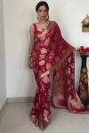 Excellent 1-Minute Ready To Wear Red Cotton Silk Saree