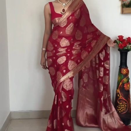 Excellent 1-Minute Ready To Wear Red Cotton Silk Saree