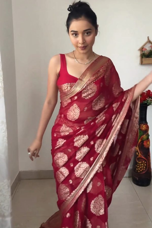 Excellent 1-Minute Ready To Wear Red Cotton Silk Saree