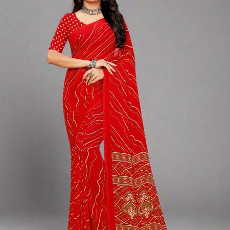 Red Lehariya Chiffon Saree Featuring a Solid Border