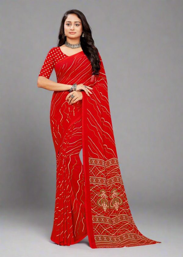 Red Lehariya Chiffon Saree Featuring a Solid Border