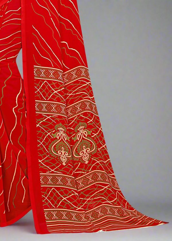 Red Lehariya Chiffon Saree Featuring a Solid Border