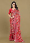 Red Silk Georgette Saree Adorned with Ethnic Motifs, Embroidery Cutwork Border