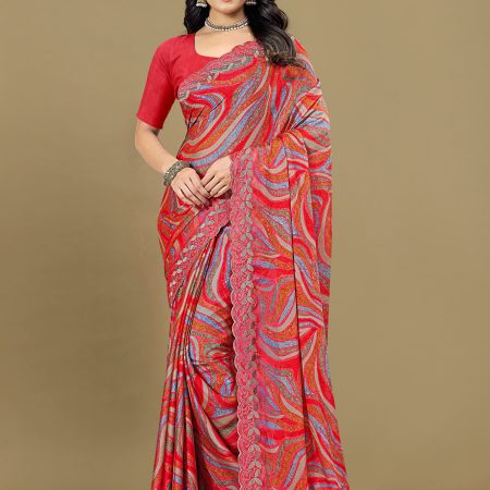 Red Silk Georgette Saree Adorned with Ethnic Motifs, Embroidery Cutwork Border