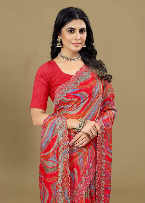 Red Silk Georgette Saree Adorned with Ethnic Motifs, Embroidery Cutwork Border