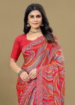 Red Silk Georgette Saree Adorned with Ethnic Motifs, Embroidery Cutwork Border