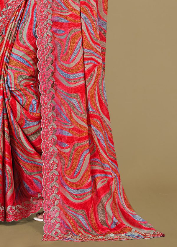 Red Silk Georgette Saree Adorned with Ethnic Motifs, Embroidery Cutwork Border