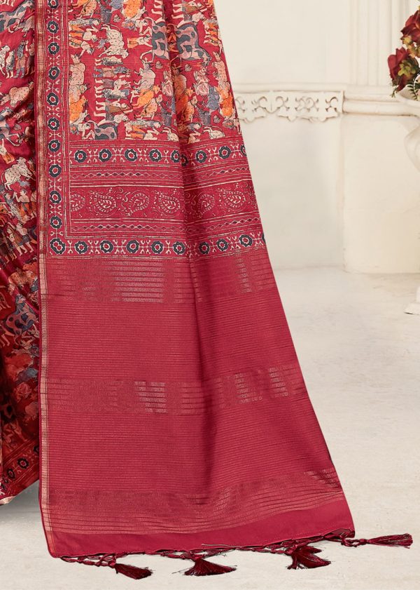 Rich Maroon Tussar Silk Saree Featuring Pichwai Prints, Zari Accents, and Chit Pallu