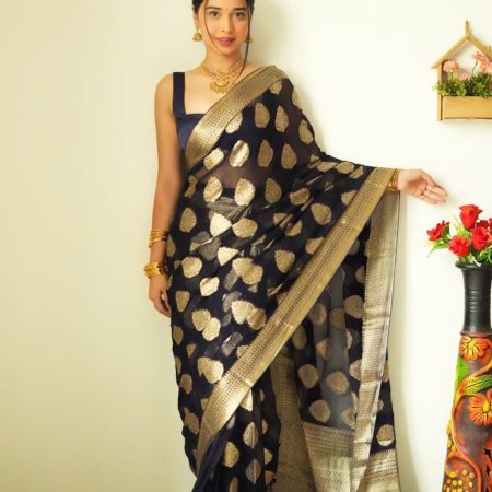 Magnetic 1-Minute Ready To Wear Black Cotton Silk Saree