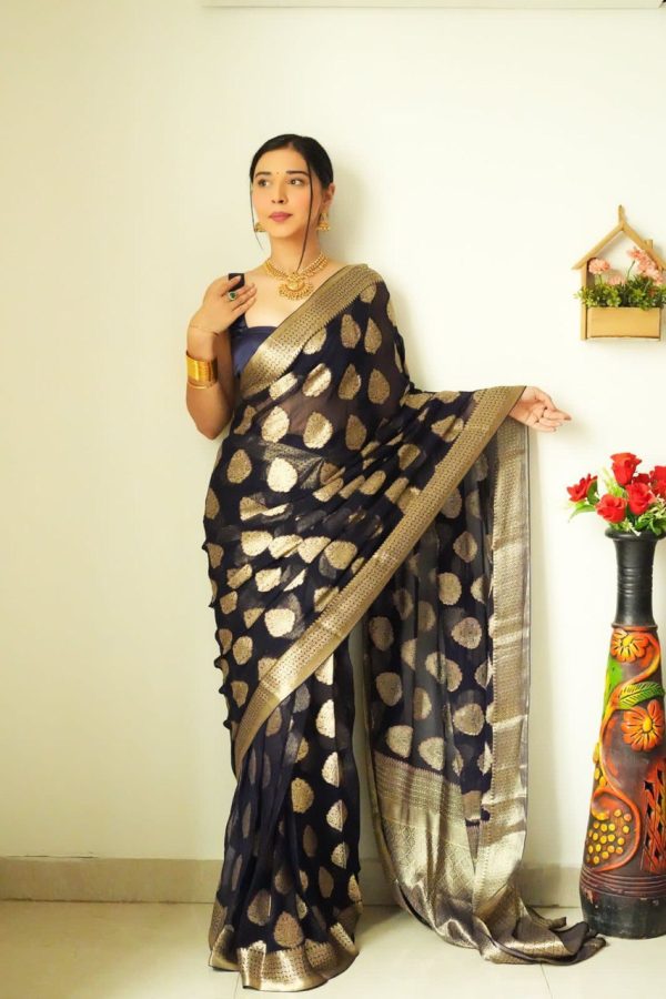 Magnetic 1-Minute Ready To Wear Black Cotton Silk Saree