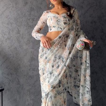 Charming 1-Minute Ready To Wear White Georgette Saree