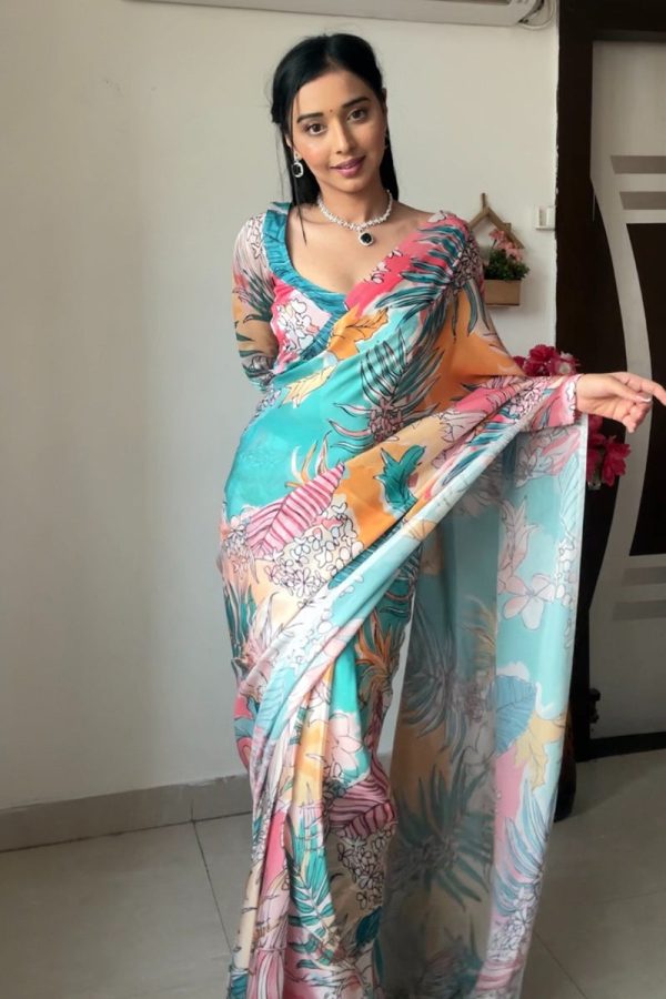 Intricate 1-Minute Ready To Wear Multicolor Printed Georgette Saree