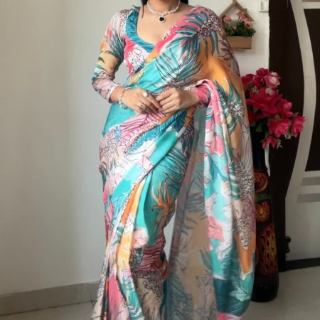 Intricate 1-Minute Ready To Wear Multicolor Printed Georgette Saree