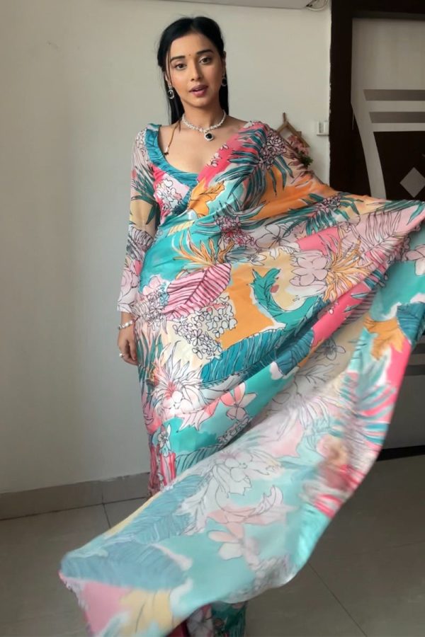 Intricate 1-Minute Ready To Wear Multicolor Printed Georgette Saree