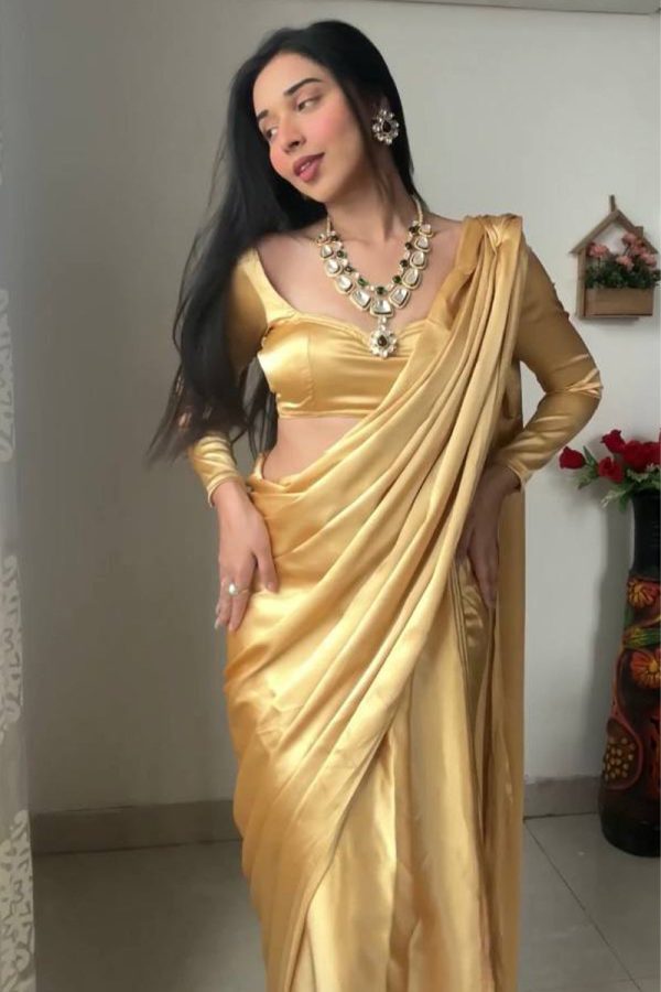 Adorning 1-Minute Ready To Wear Beige Satin Silk Saree