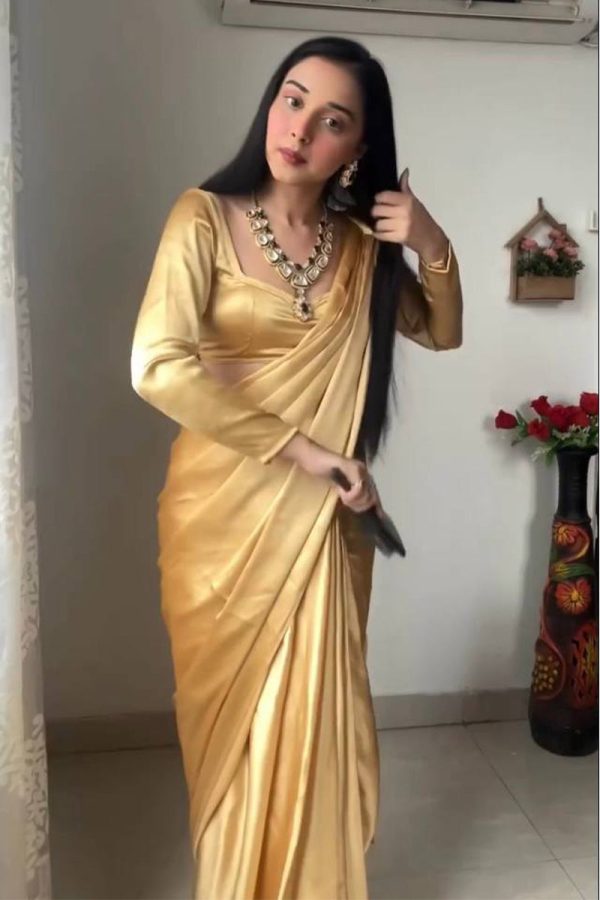 Adorning 1-Minute Ready To Wear Beige Satin Silk Saree