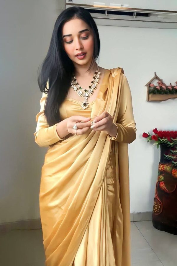 Adorning 1-Minute Ready To Wear Beige Satin Silk Saree