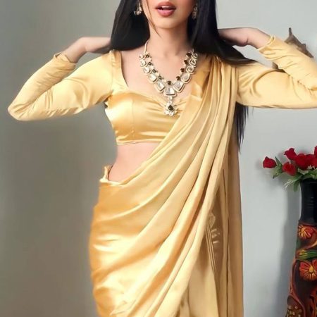 Adorning 1-Minute Ready To Wear Beige Satin Silk Saree