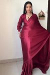 Extraordinary 1-Minute Ready To Wear Dark Pink Satin Silk Saree