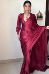 Extraordinary 1-Minute Ready To Wear Dark Pink Satin Silk Saree