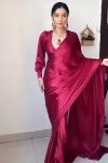 Extraordinary 1-Minute Ready To Wear Dark Pink Satin Silk Saree