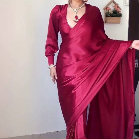 Extraordinary 1-Minute Ready To Wear Dark Pink Satin Silk Saree