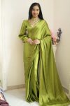 Radiant 1-Minute Ready To Wear Green Satin Silk Saree