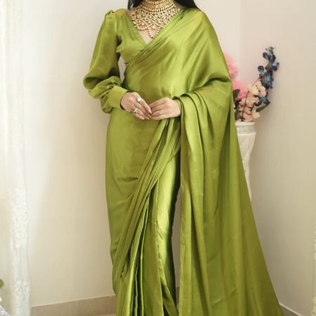 Radiant 1-Minute Ready To Wear Green Satin Silk Saree