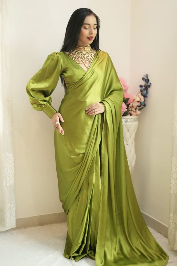 Radiant 1-Minute Ready To Wear Green Satin Silk Saree