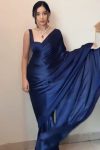 Stunner 1-Minute Ready To Wear Navy Blue Satin Silk Saree