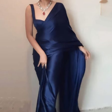 Stunner 1-Minute Ready To Wear Navy Blue Satin Silk Saree